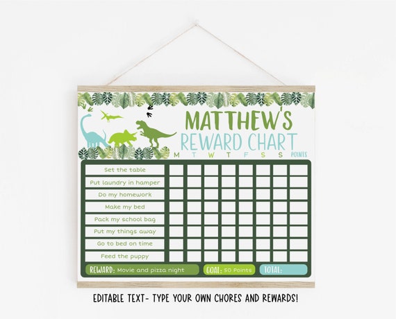 EDITABLE Dinosaur Reward Chart, Dinosaur Chore Chart, Dinosaur Behavior Chart, T-Rex, Printable, Digital, Instant Download Template A498 Il_570xn