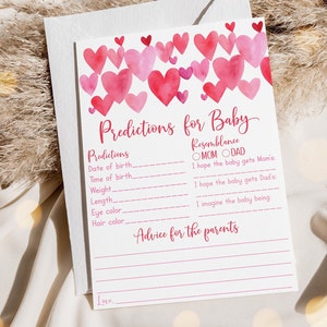 Tarjetas de consejos para juegos de Little Sweetheart con predicciones para bebés, corazones de acuarela de color rosa y rojo, cumpleaños de niña, fiesta de San Valentín A689