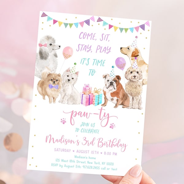Invitación de cumpleaños de cachorro editable Let's Paw-ty Girl Puppy Birthday Invite Puppy Dog Birthday Pink Gold Balloons Descarga digital A621