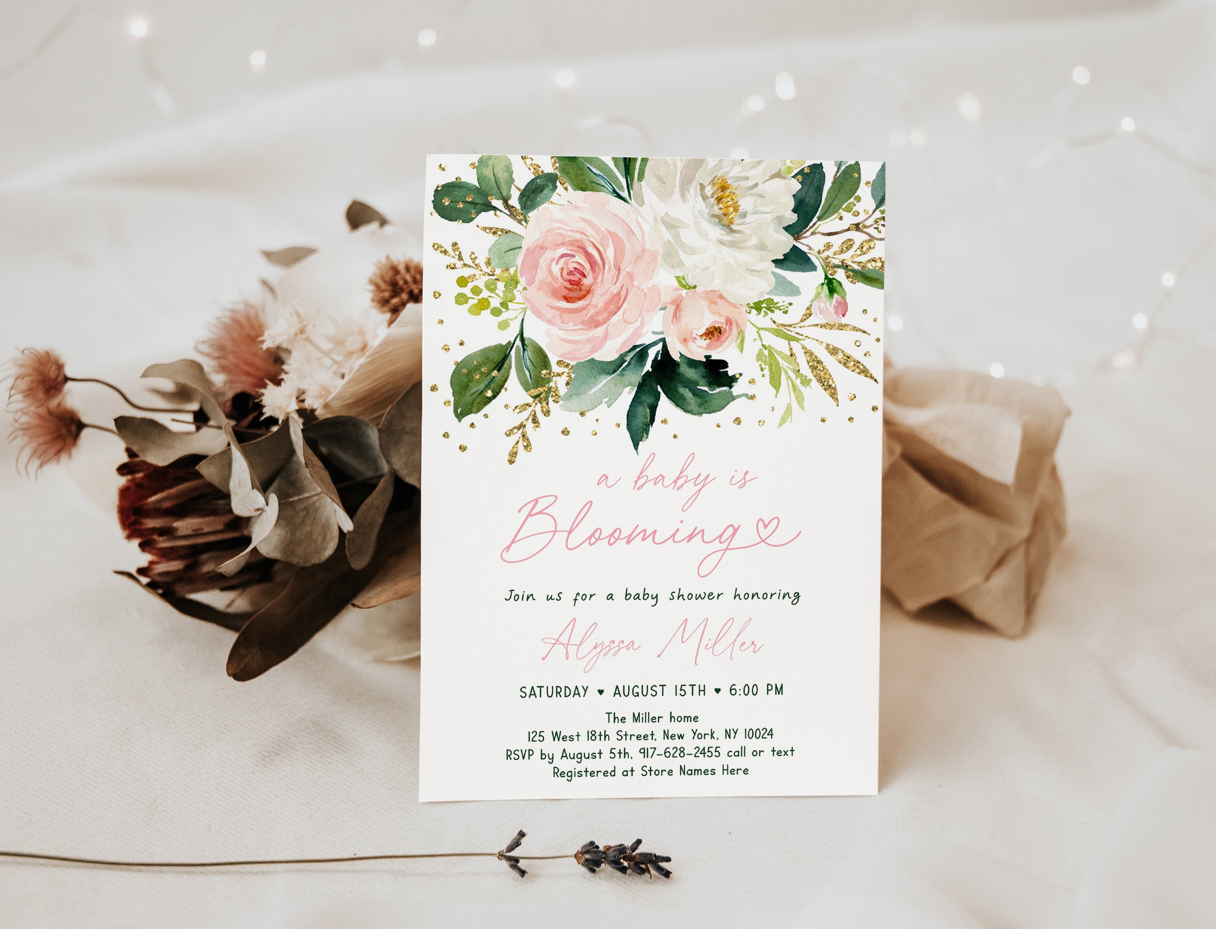 Editable Baby Is Blooming Baby Shower Invitation Pink Gold Etsy 日本