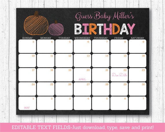 Cute Pumpkin Baby Due Date Calendar / Pumpkin Baby Shower / Chalkboard Pumpkin / Guessing Game / INSTANT DOWNLOAD Editable PDF A207 Il_570xn