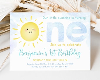 Editable Sunshine First Birthday Invitation Boy Sunshine Party Little Sunshine Clouds Birthday Invite Blue Yellow Digital Download A600