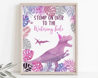 Girl Dinosaur Watering Hole Birthday Sign T-Rex Birthday Pink Purple Dinosaur Party Watercolor Dinosaurs Digital Download A663