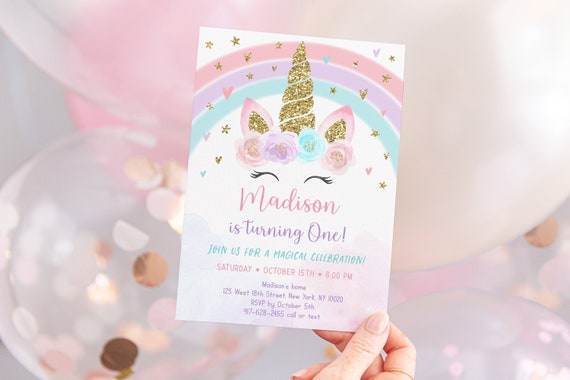 Editable Unicorn Rainbow Birthday Invitation Unicorn Invite Pink Gold Pastel Floral Unicorn Party Printable Digital Instant Download A582 Il_570xn