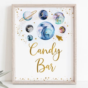 Space Candy Bar Birthday Sign Blue Gold Galaxy Planets Outer Space Birthday Solar System Rocket Ship Boy Girl Printable Digital A586