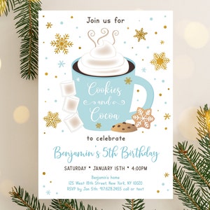 Editable Cookies and Cocoa Invitation Hot Cocoa Party Blue Gold Boy Winter Birthday Hot Chocolate Christmas Digital Instant Download A593
