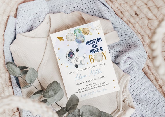 Editable Space Baby Shower Invitation Houston We Have A Boy Blue Gold Astronaut Galaxy Planets Outer Space Solar System Digital A606 Il_570xn