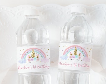 Etiquetas editables para botellas de agua de cumpleaños de unicornio, unicornio rosa, dorado, arcoíris, unicornio floral, primer cumpleaños, imprimible, descarga digital A582