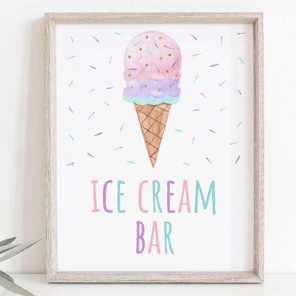 Ice Cream Bar Sign Ice Cream Birthday Girls Ice Cream Party Modern Watercolor Ice Cream Cone Printable Digital Download A673