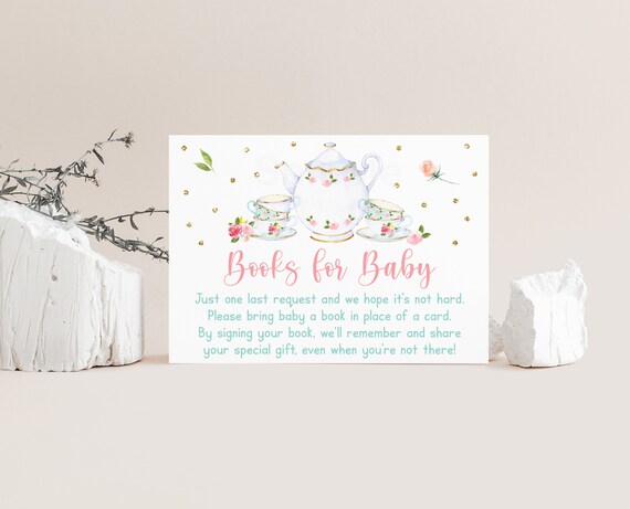 Tea Party Baby Shower Book Request Cards Baby Shower Tea Pink Gold Floral Girl Baby Shower Books For Baby Printable Instant Download A583 Il_570xn