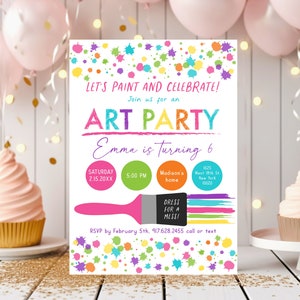 May include: A colourful invitation for an art party for a child turning six. The invitation features a paintbrush, paint splatters, and the text "Let's paint and celebrate! Join us for an art party. Emma is turning 6."