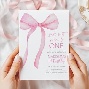 Pink Bow 1st Birthday Invitation, Girls Just Wanna Be One Invite, Pink Coquette Bow, 1st Birthday Girl, Editable Digital A764