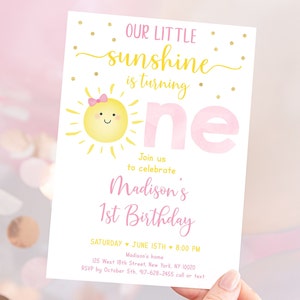 Editable Sunshine First Birthday Invitation Girl Sunshine Party Pastel Little Sunshine Pink Gold Birthday Invite Digital Download A599