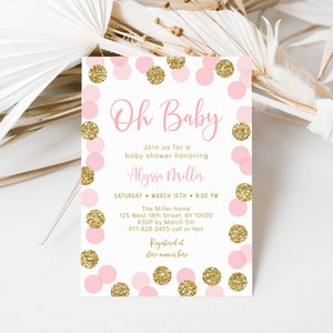Puede incluir: Invitaci&oacute;n a una fiesta de bienvenida al beb&eacute; de color rosa y dorado con confeti y el texto "Oh Baby" y "&Uacute;nete a nosotros para una fiesta de bienvenida al beb&eacute; en honor a Alyssa Miller".
