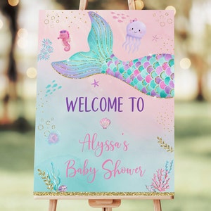 Editable Mermaid Baby Shower Welcome Sign Under The Sea Baby Shower Girl Baby Shower Pink Purple Gold Printable Digital Download A615