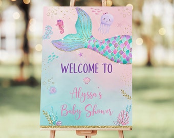 Editable Mermaid Baby Shower Welcome Sign Under The Sea Baby Shower Girl Baby Shower Pink Purple Gold Printable Digital Download A615