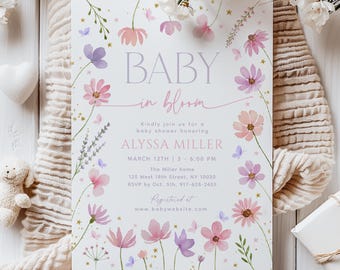 Baby In Bloom Invitation, Wildflower Butterfly Baby Shower, Pink Purple (Editable) A769