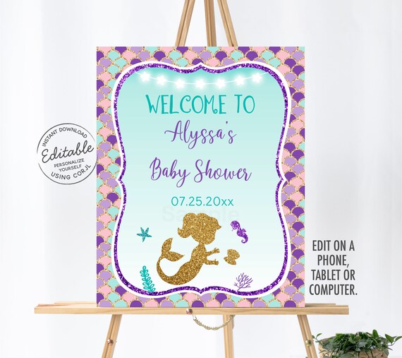 EDITABLE Mermaid Welcome Sign Mermaid Baby Shower Under The Sea Teal Purple Gold Girl Baby Shower Digital Printable Instant Download A462 Il_570xn