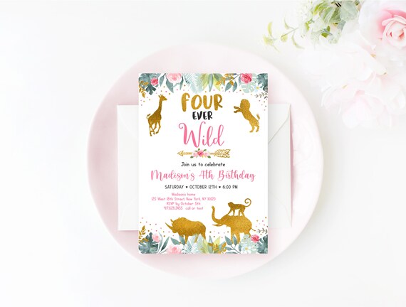 Editable Four Ever Wild Birthday Invitation Pink Gold Safari Fourth Birthday Invite Girl Safari Party Animals Jungle Animals Printable A589 Il_570xn