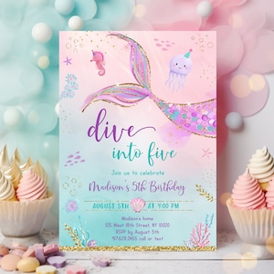 Editable Dive into Five Mermaid Birthday Invitation Little Mermaid Birthday Invite Pink Purple Teal Gold Under The Sea Mermaid Party A711