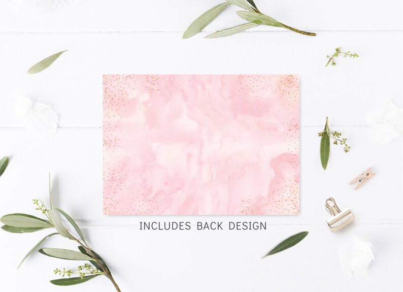May include: Pink watercolor background with gold glitter. The text "INCLUDES BACK DESIGN" is printed at the bottom of the image.
