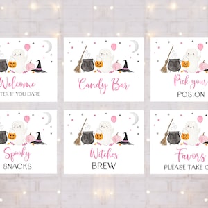 Editable Pink Ghost Birthday Signs Table Signs Set of 6 Boo Turning Two Ghost Second Birthday Girl Pumpkin Halloween Party Download A702