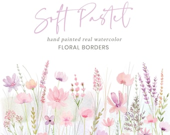 Wildflower Watercolor Clipart, Delicate Spring Wildflowers, Wildflower Borders, Wild Flowers, Wedding Clipart, Pastel Pink Purple, Download