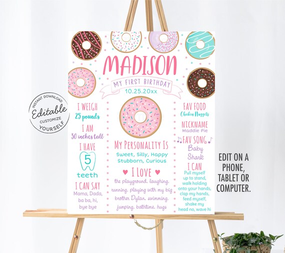 EDITABLE Donut Birthday Milestone Poster, Donut First Birthday, Pink Donut, Donut Grow Up, Donut Party, Printable, Instant Download A500 Il_570xn