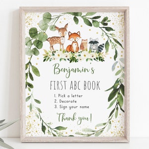 Editable Woodland Baby Shower Signo para colorear ABC Libro Signo Artes y Oficios Signo Woodland Animales Bosque Animales Género Neutral Digital A524
