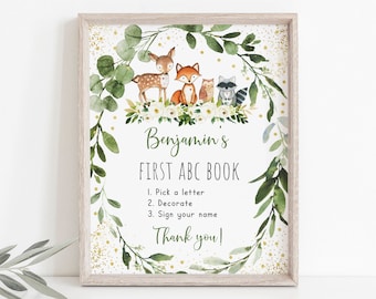 Editable Woodland Baby Shower Coloring Sign ABC Book Sign Arts & Crafts Sign Woodland Animals Forest Animals Gender Neutral Digital A524