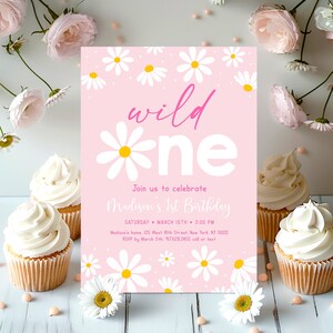 Daisy First Birthday Invitation Wild One Daisy Birthday Invite Pink Daisy Party Girl Flower First Birthday Editable Digital Download A691