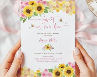 Sweet As Can Bee Baby Shower Invitation, Sunflower Bee Baby Shower Invite, Pink Floral Honey Baby, Baby Girl, Editable Digital A712