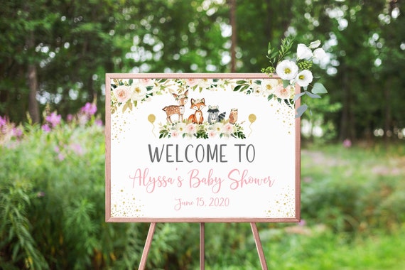 EDITABLE Girl Woodland Baby Shower Welcome Sign Woodland Animals Forest Animals Pink Woodland Digital Printable Instant Download A516 Il_570xn