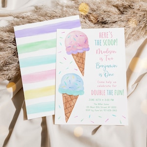 May include: A colorful invitation with a watercolor background and ice cream cones. The text reads "Here's the scoop! Madison is Two, Benjamin is One. Come help us celebrate for Double the Fun!" with details about the party date, time, and location.