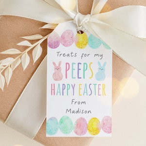 May include: A pastel pink and blue Easter gift tag with a watercolor design of eggs and bunnies. The tag reads "Treats for my PEEPS Happy Easter From Madison".
