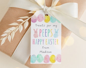 Puede incluir: Una etiqueta de regalo de Pascua de color rosa pastel y azul con un diseño de acuarela de huevos y conejos. La etiqueta dice "Treats for my PEEPS Happy Easter From Madison".