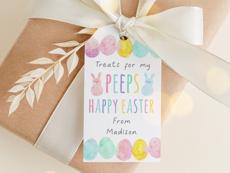 May include: A pastel pink and blue Easter gift tag with a watercolor design of eggs and bunnies. The tag reads "Treats for my PEEPS Happy Easter From Madison".