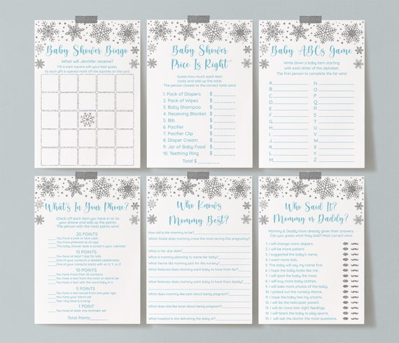 Editable Snowflake Baby Shower Games Package Blue Silver Snowflake Winter Baby Shower Boy Baby Shower 6 Printable Games Download A579 Il_570xn