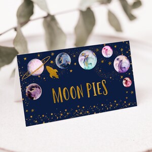 Cartes d'anniversaire modifiables Galaxy, étiquettes de nourriture, marque-places, fille or rose, galaxie, planètes, espace extra-atmosphérique, fête, fusée, bateau, imprimable