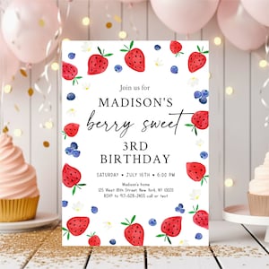 Editable Strawberry Blueberry Birthday Invitation Berry Sweet Birthday Invite Strawberry Picking Farmers Market Digital Download A701