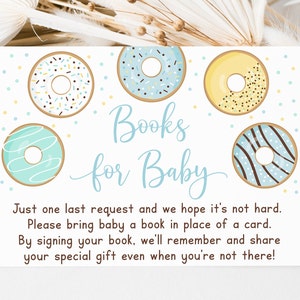 Donutboekverzoekkaarten, donutbabyshower, donuts en luiers, blauwe donut, babystrooisel, donut, boeken voor baby, afdrukbaar, digitaal A501