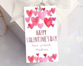 Editable Happy Valentine&#39;s Day Gift Tag Favor Tag Pink Red Watercolor Hearts Classroom School Friend Valentine Tag Digital Download