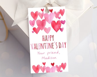 Editable Happy Valentine's Day Gift Tag Favor Tag Pink Red Watercolor Hearts Classroom School Friend Valentine Tag Digital Download