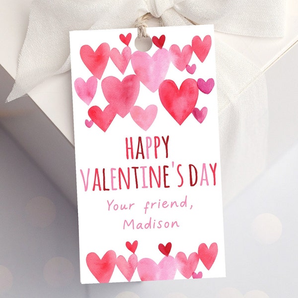 Editable Happy Valentine's Day Gift Tag Favor Tag Pink Red Aquarelle Hearts Classroom School Friend Valentine Tag Digital Download