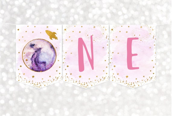 Galaxy ONE High Chair Banner Galaxy First Birthday Banner Pink Gold Galaxy Planets Outer Space Party Rocket Ship Girl Printable Digital A586 Il_570xn