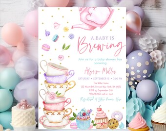 Invitación editable para baby shower "Bebé rosa en ciernes", baby shower con té, invitación para baby shower con té, brunch para baby shower, baby shower para niña (A651)
