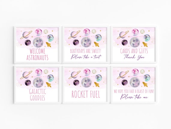 Editable Pink Space Birthday Sign Table Signs Set of 6 Pink Gold Girl Galaxy Planets Rocket Ship Outer Space Moon Stars Download A631 Il_570xn