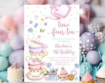 May include: A pink and white tea party invitation with a watercolor illustration of teacups, a teapot, and sweets. The text reads "time four tea" and "Madison's 4th Birthday".