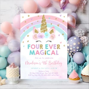 Faire-part 4e anniversaire licorne modifiable, quatre invitations magiques, licorne arc-en-ciel, fête licorne florale pastel or rose, numérique A582