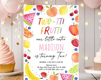 May include: A vibrant invitation featuring fruit illustrations, such as watermelon, strawberries, and lemons. The text says "TWO-TTI FRUTTI" and announces "MADISON is turning Two!" with event details.